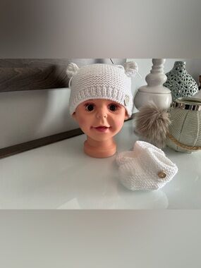 White Knit Baby Hat with Ear Details and booties set